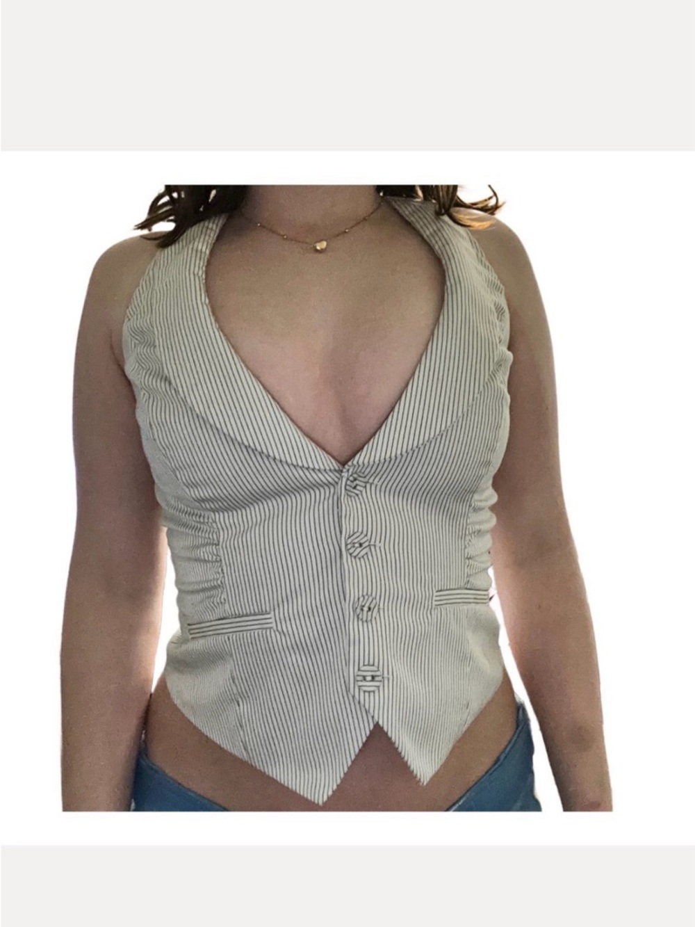 Striped Deep-V Button Front Vest Top - Cream/White